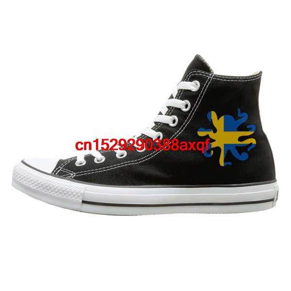 

custom high-lace up canvas shoe,ocs shaped swedish flag trainers sneaker for boys girls, Black