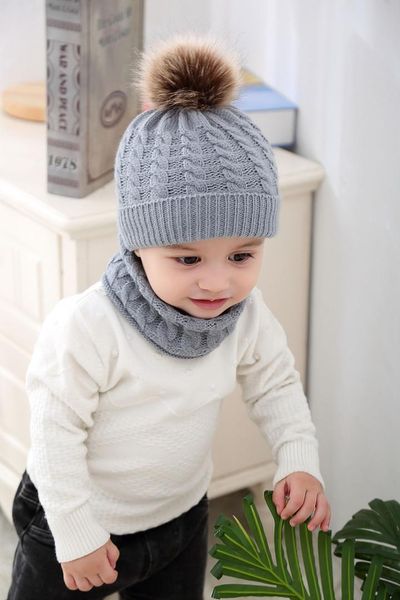 

2018 warm winter knitted head beanie cap bays boys girl casual hats two piece suit
