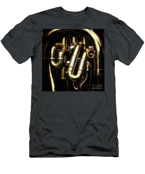 

detail of the brass pipes of a tuba men's t-shirt