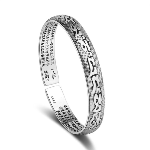 

925 silver buddhist heart sutra bangle glossy cuff bracelet femme argent scripture bracelet chinese religious jewelry pulseira, Black