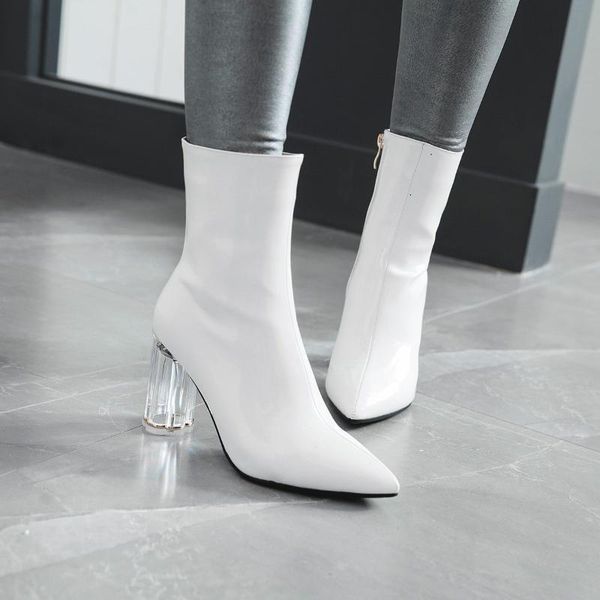 

patent leather crystal coarse high with woman boots sharp side knight short boots wedding, Black