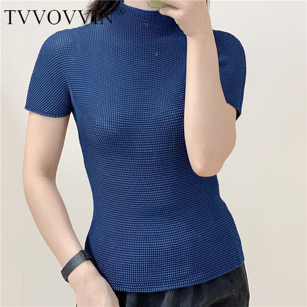 

korea stretch fabric pelated t-shirt female short sleeve hafl high collar 2020 summer temperament all-match slim j34k, White