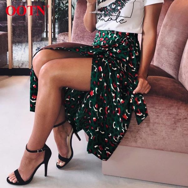 

ootn vintage leopard print long skirts women high waist midi skirt bow tie 2019 summer split wrap skirt ladies green beach, Black