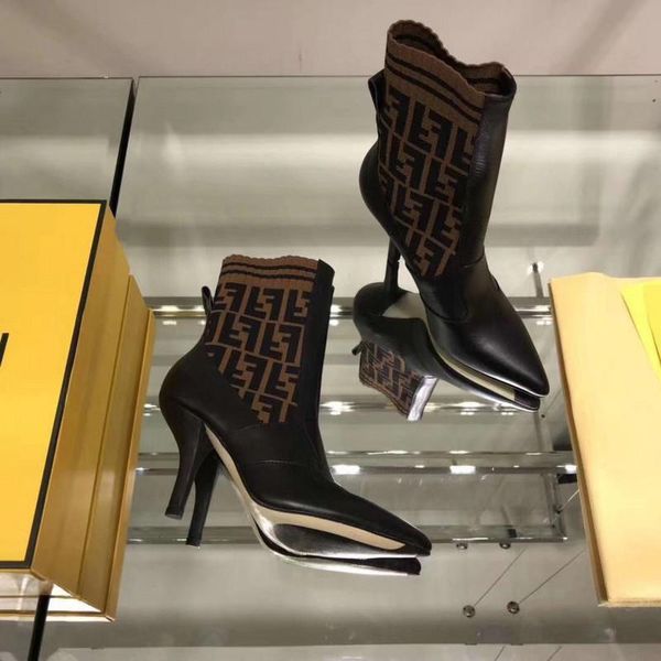 

2019fendi фф кадра сапоги rockoco черный кожаный фф вязать носок лодыжки котенок каблук ботильоны с оригинальной коробке, Blue;gray