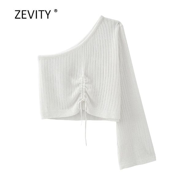 

zevity new women fashion single shoulder drawstring short sweater ladies basic casual slim thin sweaters chic leisure s307, White;black