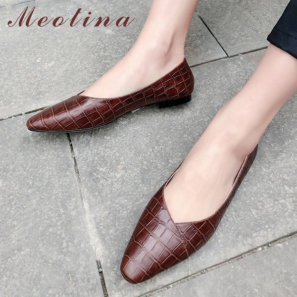 

meotina women ballet flats shoes natural genuine leather flat loafers shoes real leather square toe boat ladies size 33-40, Black