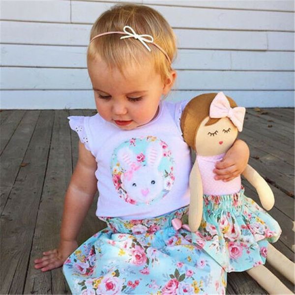 

2020 summer kids baby girl clothes flower vest t-shirt+ skirt set sunsuit, White