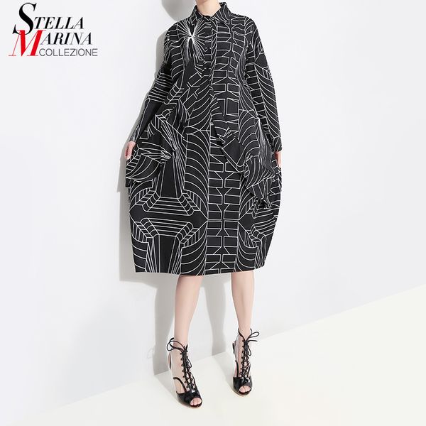 

New 2019 Korean Style Women Loose Shirt Dress Black White Long Sleeve Geometrical Patterns Printed Ladies Casual Midi Dress 4703
