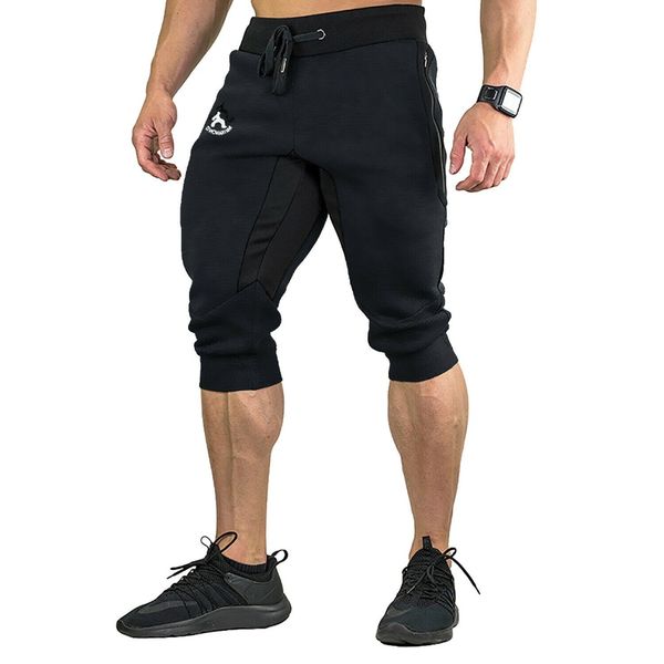

2019 new men summer cotton casual shorts 3/4 jogger pants slim sport pants below knee shorts fitness running shorts-c, White;black