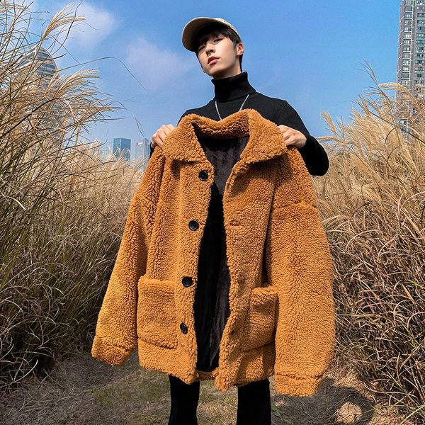 

men wool coat winter thickened inner fleece thermal jackets deep v-collar front pockets dropped shoulder korean style youth wear, Black