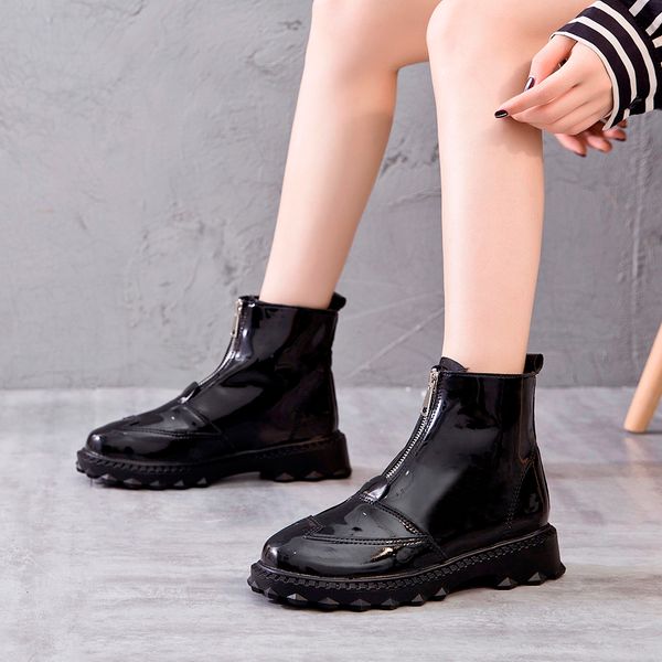 

women's fashion short booties winter pu leather low heel zipper water rain boots non-slip platform shoes botas mujer invierno, Black