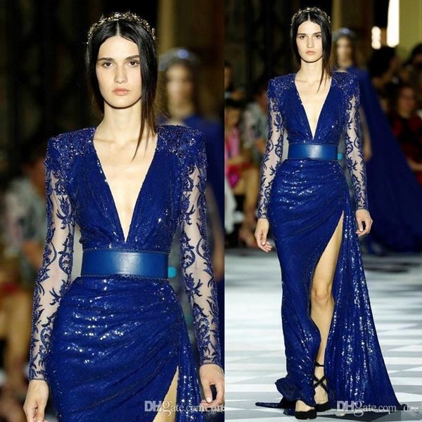 

2020 new elie saab prom dresses deep v neck mermaid long sleeve evening gowns split side high prom dress bc3159, Black