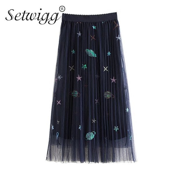 

setwigg sweet embroidered galaxy pleated layered tulle a-ling long summer skirts sequined stars planets mesh long pleated skirts, Black;gray