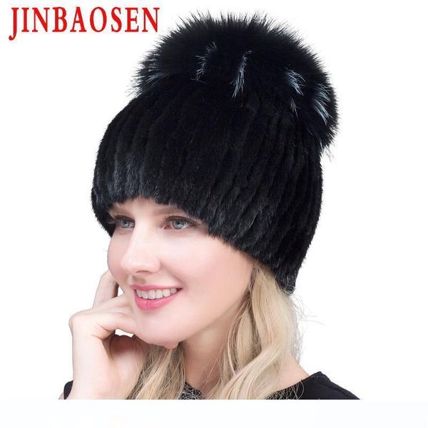 

jinbaosen 2019 горячие продажа мода зима теплая женщин вязать шапки mink шляпы с лисьего меха вертикаль тканого top, Blue;gray