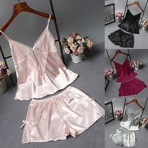 

womens boyshort erotic underwear satin sling sleepwear lingerie sleepwear pants lace bowknot nightdress underwear set #1-2, Black;red