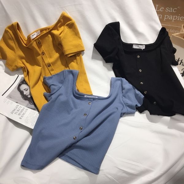 

square collar slim solid color 2020 girlfriends yellow short sleeve high waist coat t-shirt short t-shirt female, White
