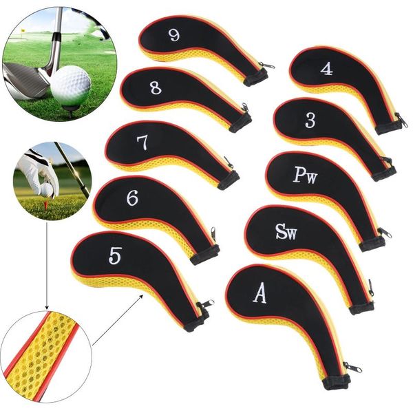 

10 pcs neoprene golf club head covers golf iron headcover protect set number printed with zipper headcovers for 3-9 irons wedges