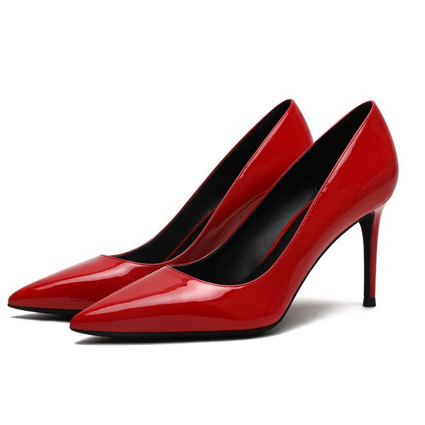 

spring 8cm stiletto heels pumps women shoes pointed toe thin heel slip-on wedding party dress office lady leather shoes e0012, Black