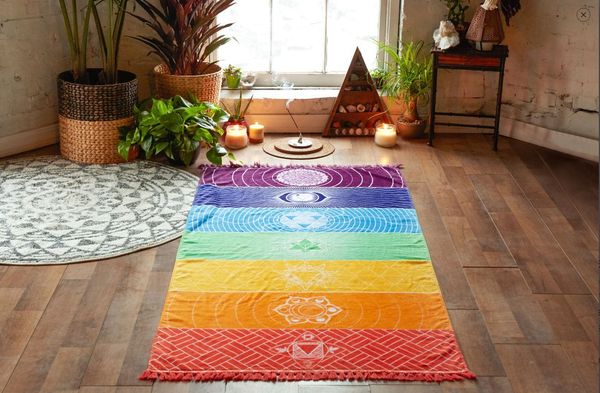 

8 colors polyester bohemia wall hanging india mandala blanket 7 chakra colored tapestry rainbow stripes travel beach yoga mat towel