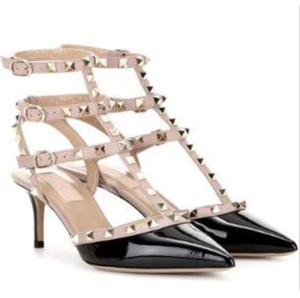

shipping, v classic rivet heels, patent leather pointed lady party dress heels+box . size 34-43, Black