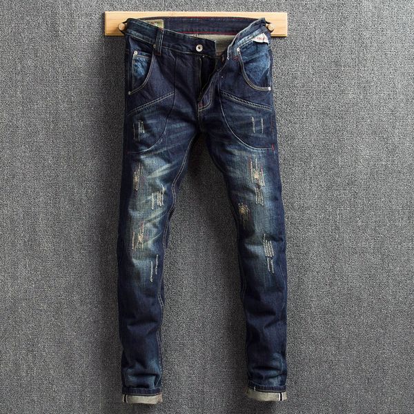 

fashion streetwear men jeans dark blue color slim fit destroyed ripped jeans men classical big pocket cargo pants hip hop