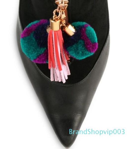

tassel embellished stiletto high heels booties ladies pointed toe ankle boots female fashion patchwork boots, Black