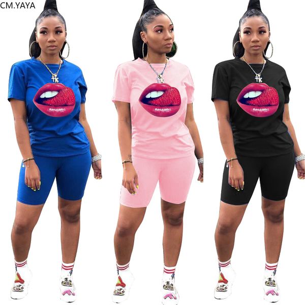 

женщины две пьесы комплекты летние костюмы с коротким рукавом mouth print tops + шорты леггинсы костюм спортивный фитнес нижнее 2pcs gl7098, White