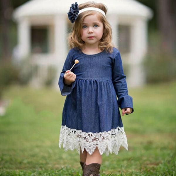 

2020 new toddler kids baby girls active long sleeve lace pageant party princess denim gown dress, Red;yellow
