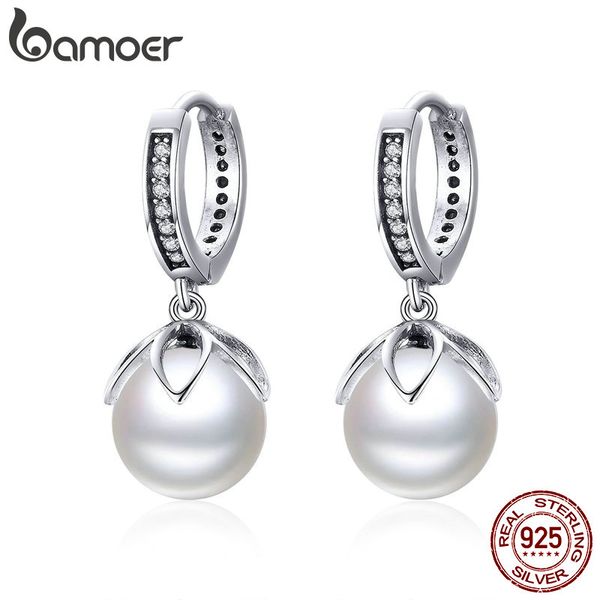 

bamoer elegant 925 sterling silver luminous gentle love flower freshwater pearl drop earrings female women pearl jewelry sce482, Golden;silver