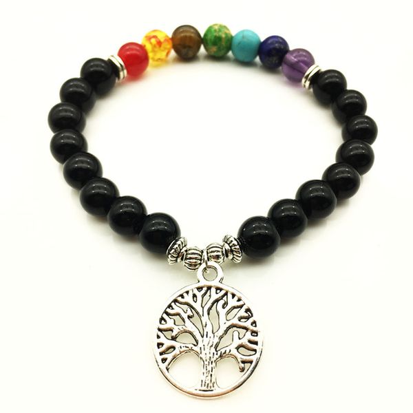 

2 styles 8mm tree of life 7 chakras gemstone pendant bracelet elastic energy alloy bracelet crystal gemstone beads dhl b631s, Golden;silver