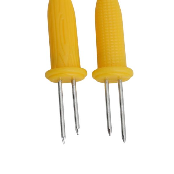 

selling 10pcs/pack twin prong skewers barbecue fork fruit corn holder bbq fork garpu tool yellow bbq fork bbq tools accessories