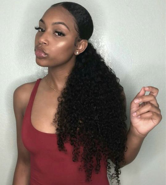 

diva 18" kinky curly ponytail wrap around ponytail extension for woman brazilian human hair ponytail hair piece 160g more color availab, Black