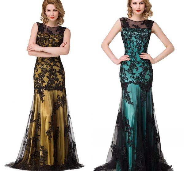 

appliques black lace evening gowns mermaid sheer neck tulle gothic prom party dresses vestidos de novia tallas grandes bruidsjurken dh4208, Black;red