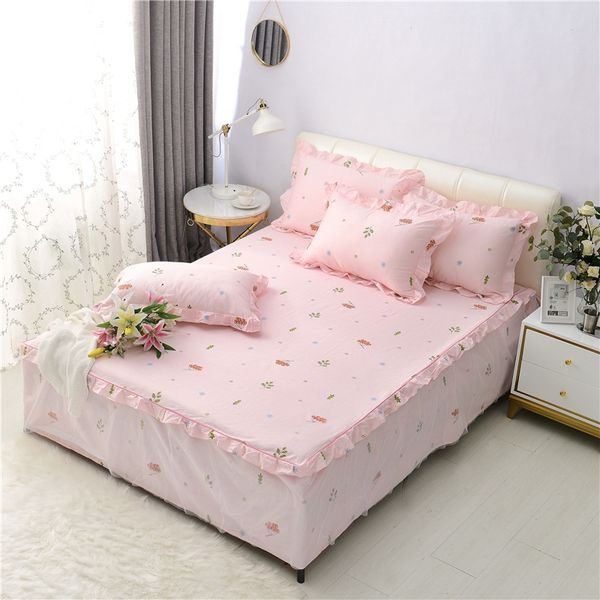

100%cotton girls pink blue ruffle lace bedskirt pillow shams twin queen size150x200/160x200cm bedskirt bed sheet with elastic