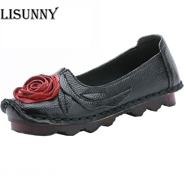

women's shoes 2020 designer handmade genuine leather spring and autumn solid flower casual shallow round toe flat shoes retro, Black