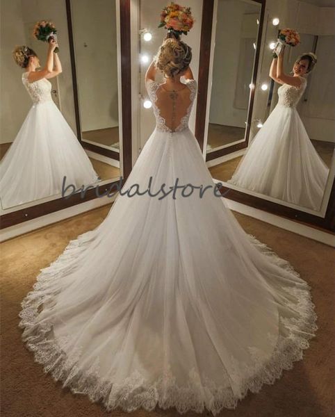 

sexy модест свадебные платья illusion лучшие кружева sheer назад boho свадебные платья короткие рукава sweep поезд тюль платье невесты 2020, White