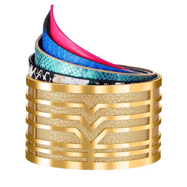 

3 colors stainless steel hollow cuff with leather&magnet button interchangeable diy pu leather bangle women jewelry gift sl-169, Black