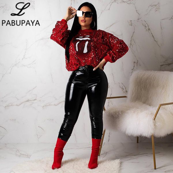 

hello528shop red lips big shirts eyes casual cartoon pattern funny sweater women for fashion sequin mojxn, Black