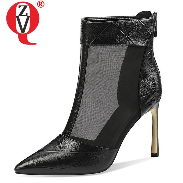 

zvq spring new fashion women boots outside super high heels pointed toe mesh genuine leather zip women shoes drop shipping, Black