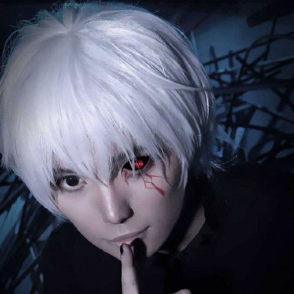 

аниме токио вурдалак парики kaneki ken короткие серебряные белые прямые волосы косплей парик, Black
