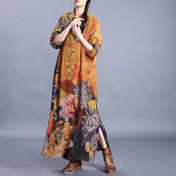 

johnature women shirt dresses print floral vintage loose 2020 spring chinese style button turn-down collar women casual dresses, Black;gray