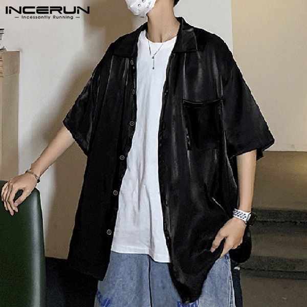 

men's casual shirts incerun 2021 men shirt shiny short sleeve lapel breathable streetwear solid loose blouse korean fashion camisa masc, White;black