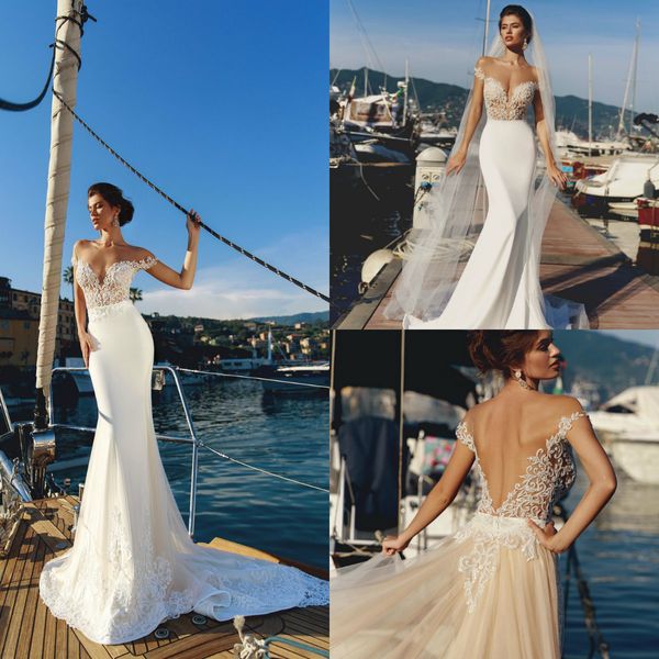 2019 Berta sereia vestidos de noiva com trem destacável fora do laço de ombro apliques sexy vestido de noiva sem costas feitos sob encomenda Beach vestidos nupciais