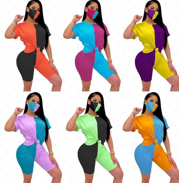 

2020 лето женщины контрастный цвет пэчворк спортивный костюм из трех частей костюм с коротким рукавом топ + шорты+маска плотная сексуальная, White