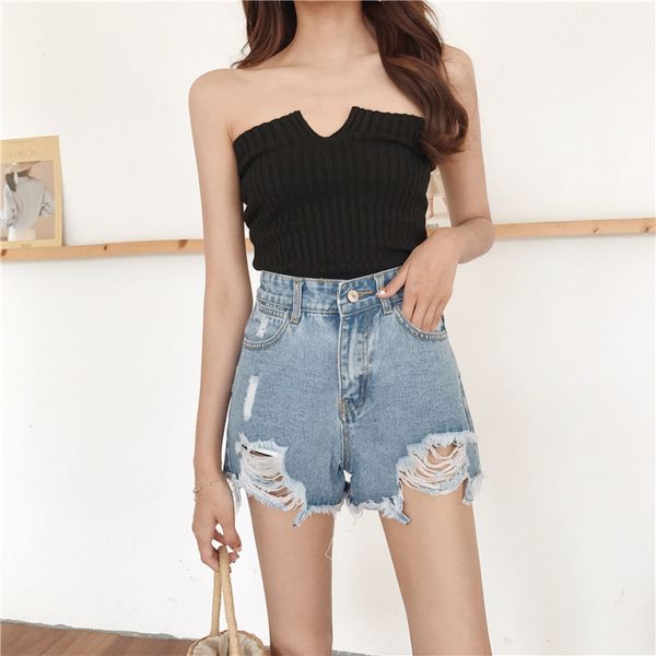

summer fashion vintage denim shorts women korean casual loose all match crimping lady shorts jeans scratched short pants women, Blue