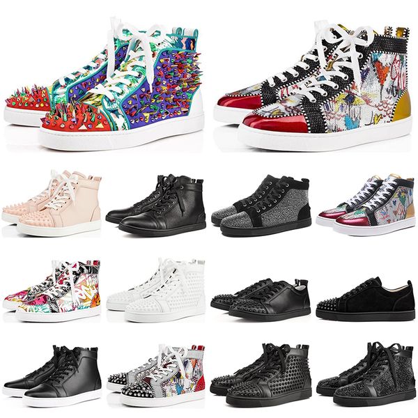

vintage designer graffiti flat red bottoms men women genuine leather low cut party studded spikes platform sneakers casual shoes, Black