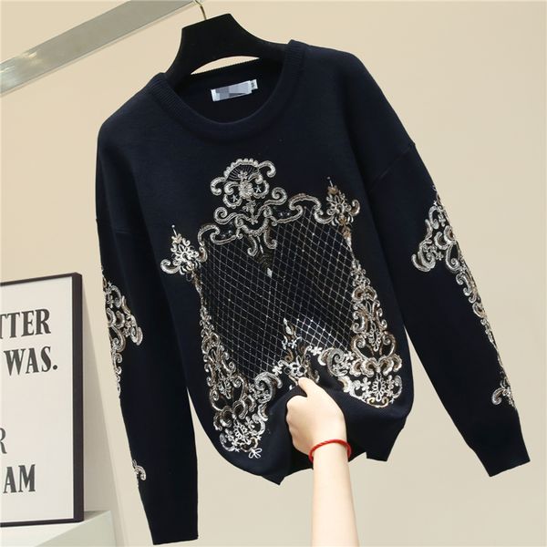 

women sweater women's sweaters 2020 new autumn and winter sweater sequined thick warm knitted coat loose jumper femme black, White;black