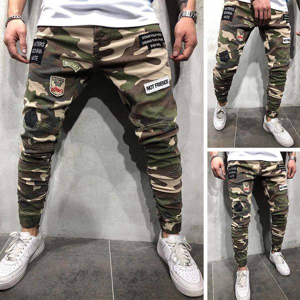 

men's jeans badge elastic tight ankle camouflage pants skinny men, Blue