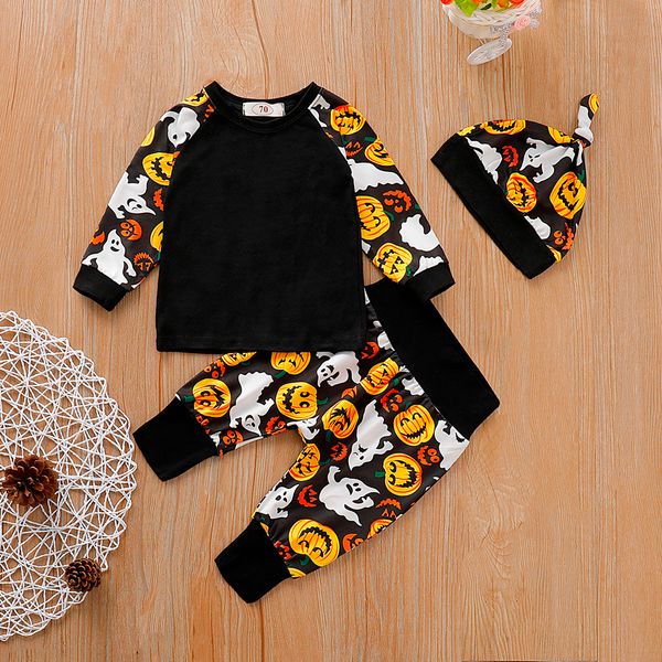 

halloween newborn infant baby boy girl kids child pumpkin t shirt+ pants hat outfits set baby clothes girls clothes boys, White