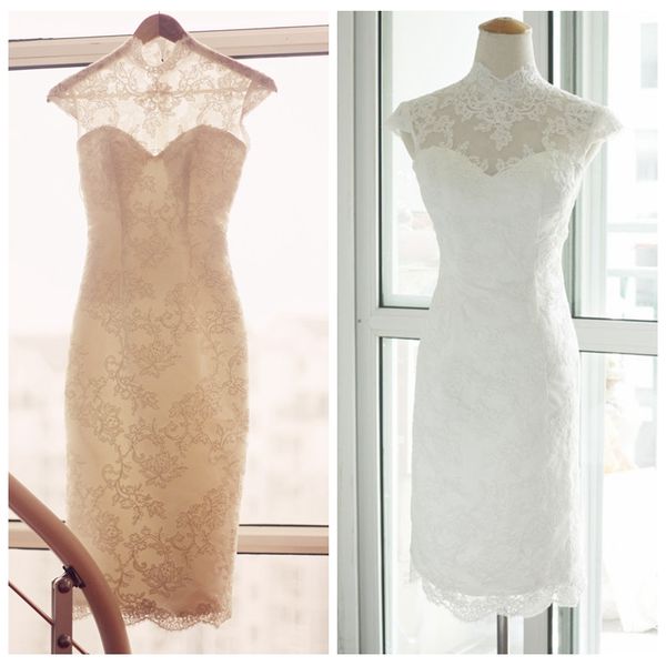 

see through wedding dresses vintage jewel neck short wedding dresses white and champagne wedding gowns with covered button